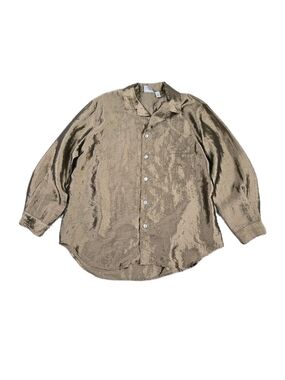 Vintage Chicos Design Top Crinkle Sheer Pearl Button Long Sleeve Metallic Gold
